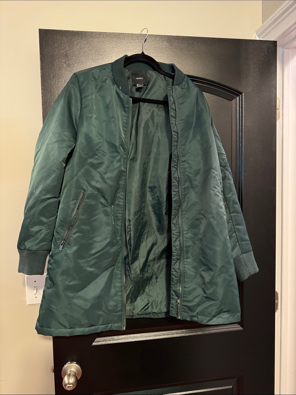 Forever 21 Dark Green Long Bomber Jacket